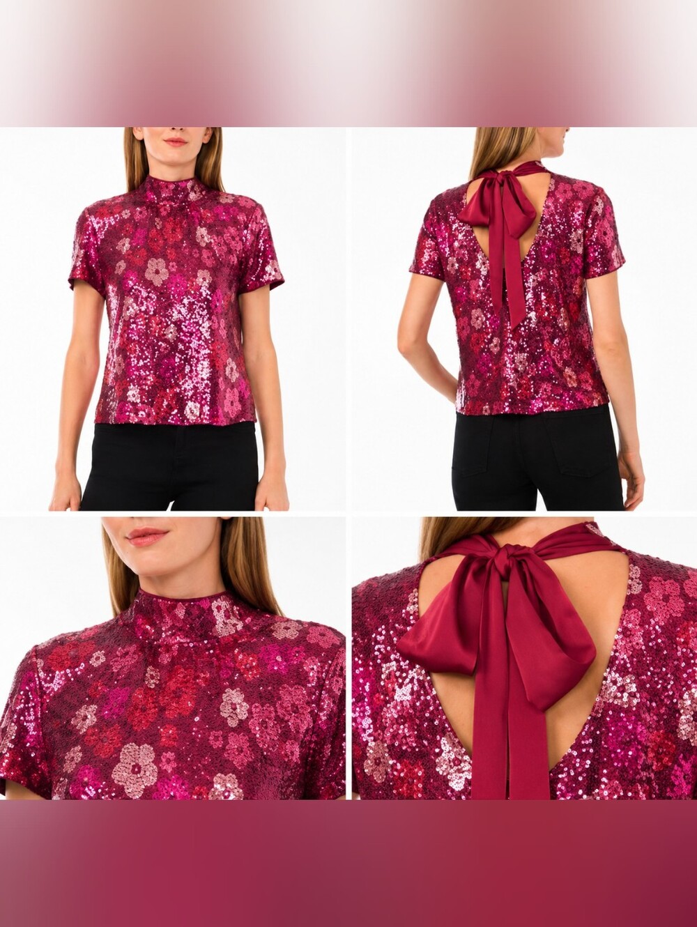 CeCe Sequin Floral Mock Neck Tie Back Top Women's Medium Pink NWT Party.